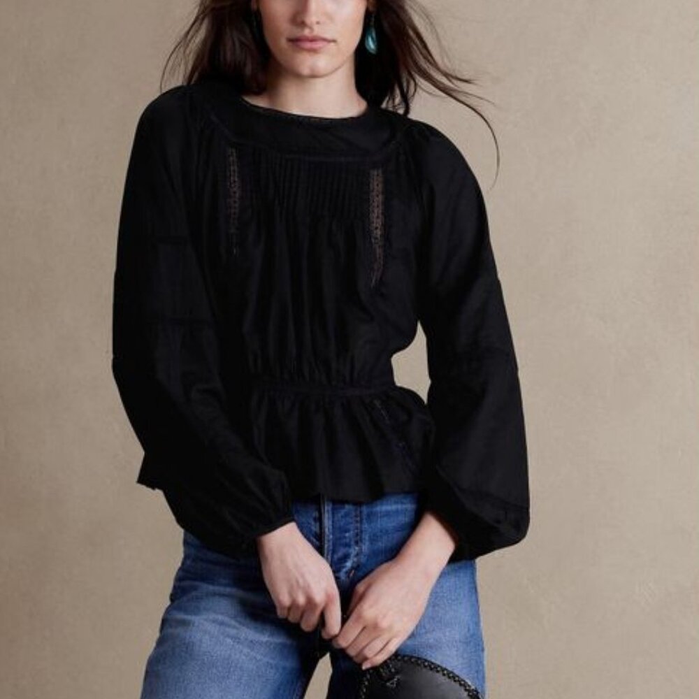 NWT Banana Republic Black Cotton Voile Pintuck Picot Lace Nellie Blouse S